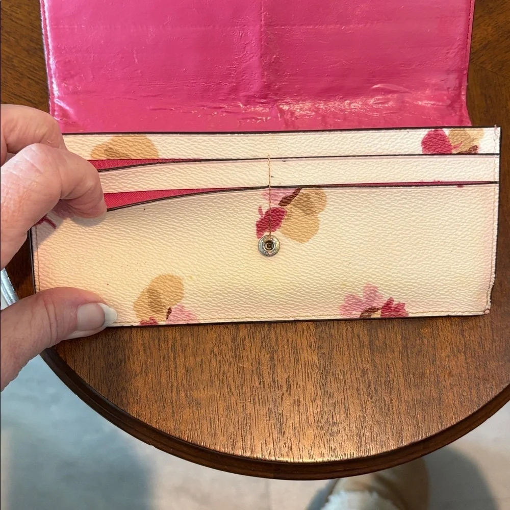 COACH Floral Continental Wallet long wallet coated canvas Pink Tan Cream goldton
